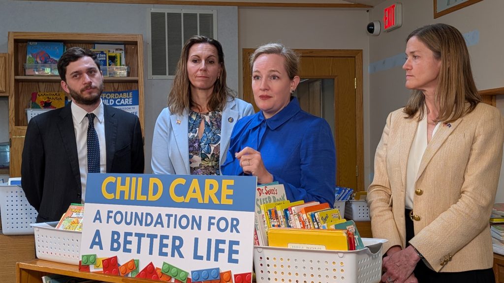 State Sen. Kelda Roys calls attention to the issue of child care funding during a June press conference alongside her Democratic colleagues on the Joint Finance Committee. (Photo by Baylor Spears/Wisconsin Examiner)