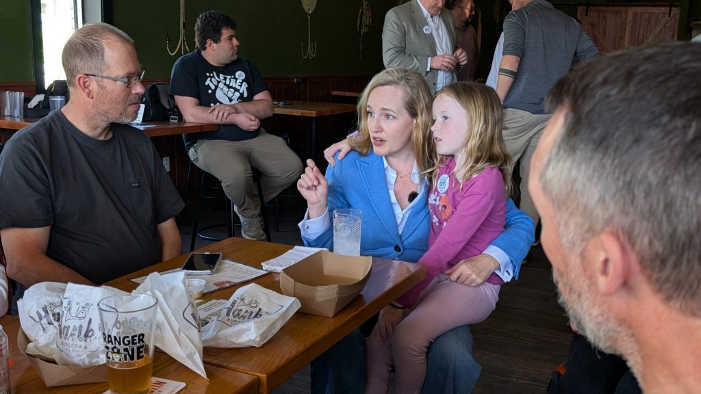 Roys speaks to a group of local teachers at a campaign event in April. (Photo by Baylor Spears/Wisconsin Examiner)