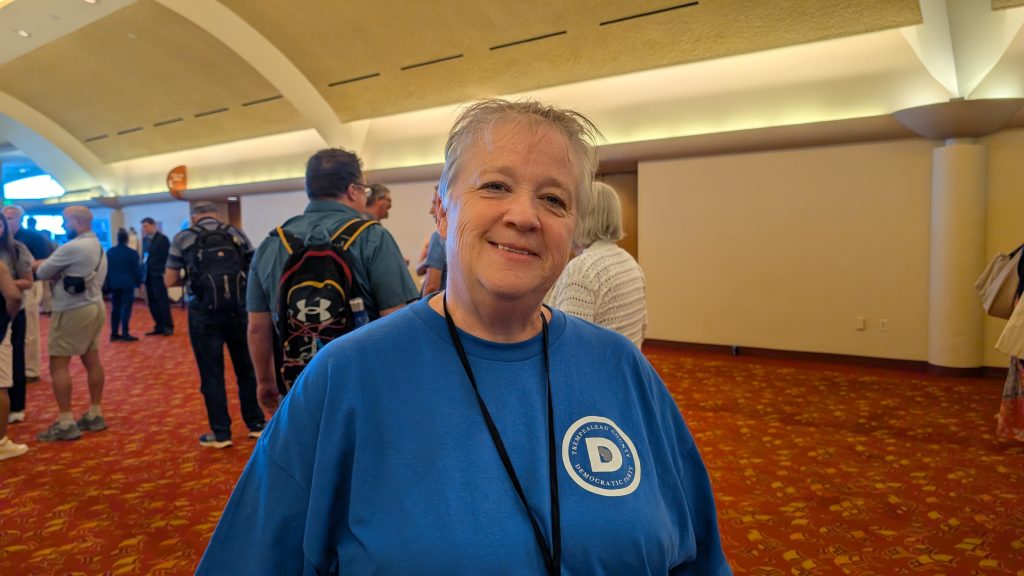 Cindy George, chair of the Trempealeau County Democrats, told the Examiner Saturday before the speeches that she made her decision about supporting Crowley in the primary after hearing from each candidate in person at their county party meetings. (Photo by Baylor Spears/Wisconsin Examiner)