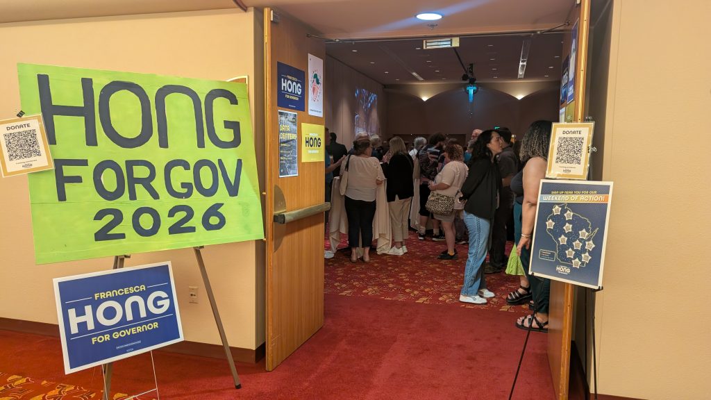 Rep. Francesca Hong’s hospitality suite at the Democratic Party of Wisconsin convention. (Photo by Baylor Spears/Wisconsin Examiner)