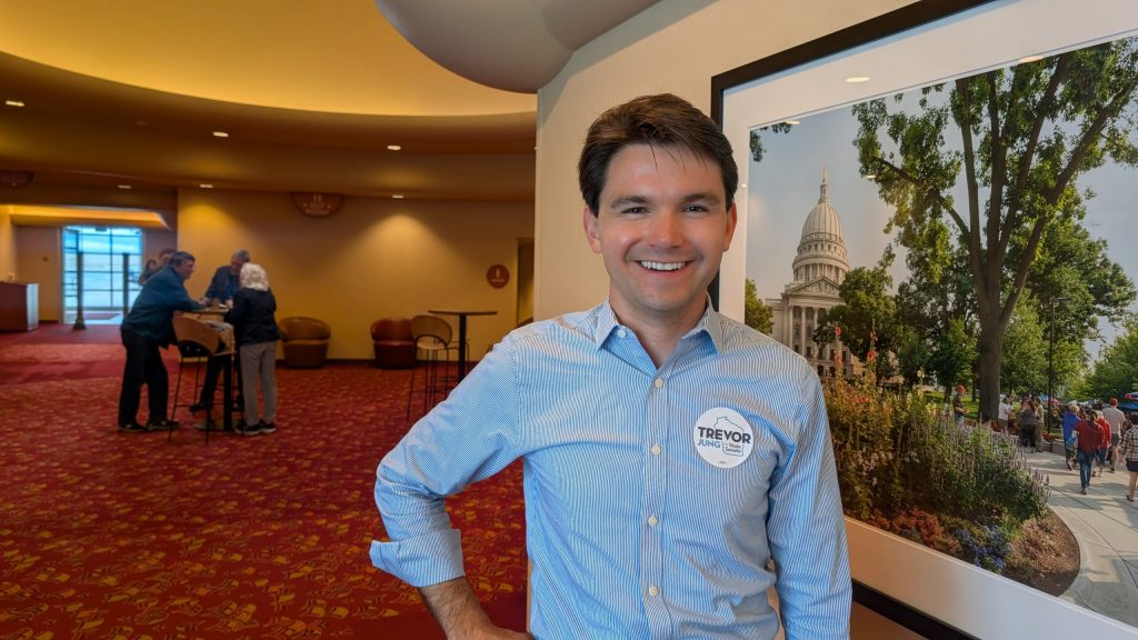 Trevor Jung, who is running in the 21st Senate District, told the Examiner that he felt an optimism among Democrats at the convention that bodes well for “a lot of hard work, knocking on doors, talking to voters, and winning in November.” (Photo by Baylor Spears/Wisconsin Examiner)