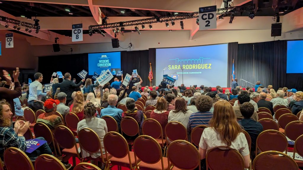 Supporters for Lt. Gov. Sara Rodriguez cheer as she walks up to the stage for her speech. (Photo by Baylor Spears/Wisconsin Examiner)