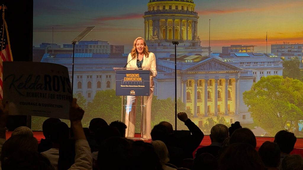 Roys took note of the national political moment before telling the audience that she has bills and plans, including opening up the state’s health insurance plan and investing the state budget surplus in schools. (Photo by Baylor Spears/Wisconsin Examiner)