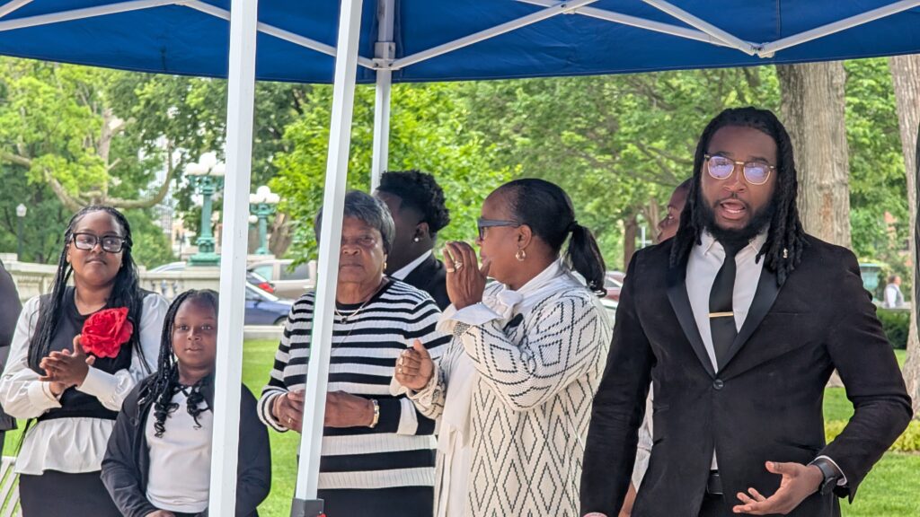 Participants at the Capitol event Wednesday marking Juneteenth conducted a libation prayer and performed songs to celebrate freedom. (Photo by Baylor Spears/Wisconsin Examiner)