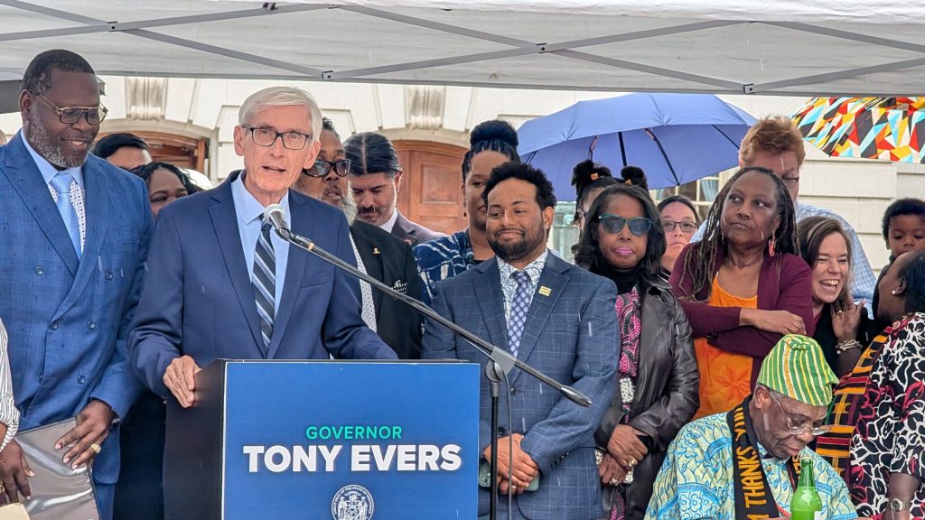 “As we celebrate the critical progress that we’ve made, we also commit to continuing our work to build a more just, more equitable and a freer state and country for all,” Evers said. (Photo by Baylor Spears/Wisconsin Examiner)