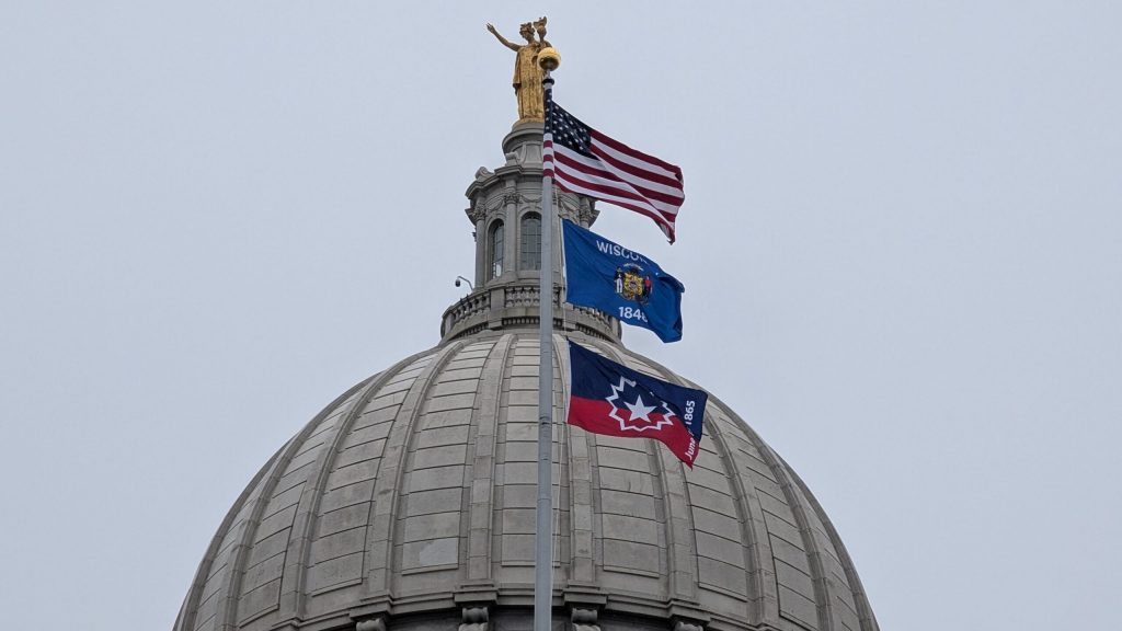 The Juneteenth flag flies over the Wisconsin State Capitol on June 17, 2026. (Photo by Baylor Spears/Wisconsin Examinr)