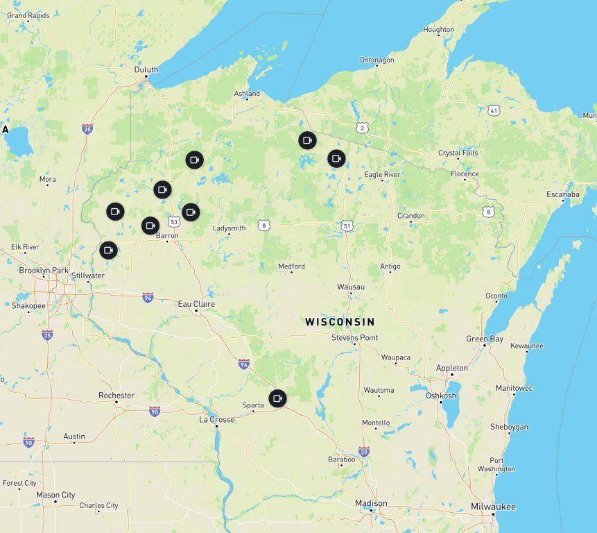 A map of northwestern WIsconsin shows the location of AI-powered cameras detecting wildfires. Map courtesy of Excel Energy