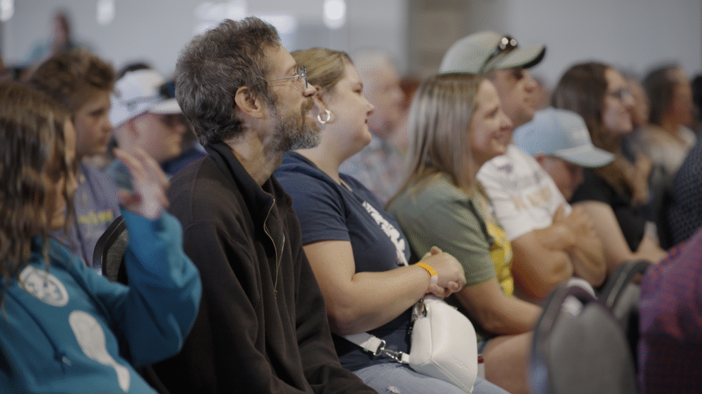 Hundreds of western Wisconsin residents attended an event Saturday in Eau Claire to learn about organizing against data center construction. (Photo by Jonathan Klett for the Wisconsin Examiner)