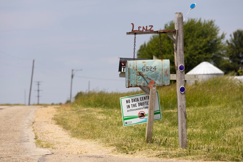 A “No Data Center In The Driftless” sign is posted outside of a home, June 4, 2026, in Grant County, Wis. (Joe Timmerman / Wisconsin Watch)