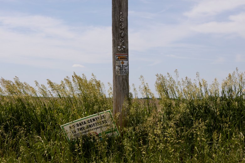 A “No Data Center In The Driftless” sign is posted, June 4, 2026, in Grant County, Wis. (Joe Timmerman / Wisconsin Watch)