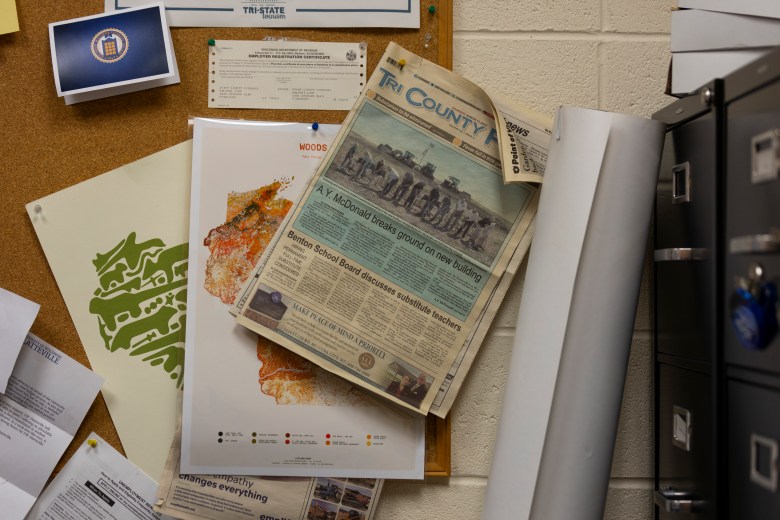 Newspaper clippings and posters hang in the office of Grant County Economic Development Corp. Executive Director Ron Brisbois, June 4, 2026, in Lancaster, Wis. (Joe Timmerman / Wisconsin Watch)