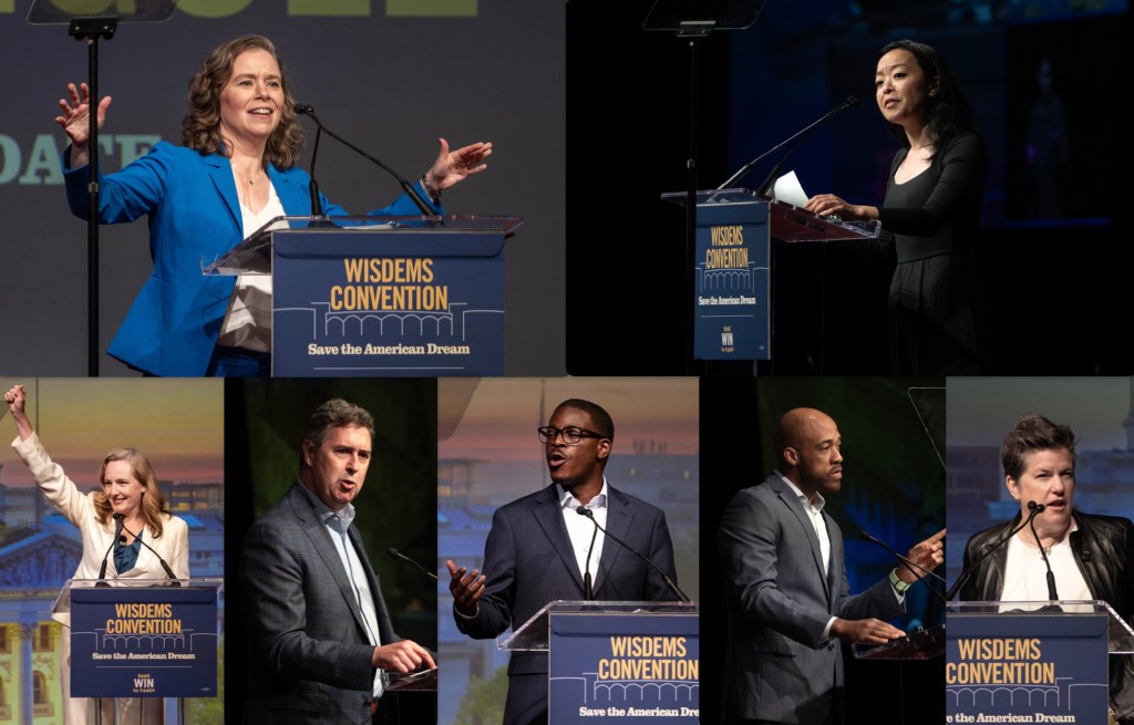 The seven Democrats vying to be governor are Lt. Gov. Sara Rodriguez (top left), state Rep. Francesca Hong (top right), (bottom from left) state Sen. Kelda Roys, former Department of Administration Secretary Joel Brennan, Milwaukee County Executive David Crowley, former Lt. Gov. Mandela Barnes and former WEDC CEO Missy Hughes. (Photos by Angela Major / WPR)
