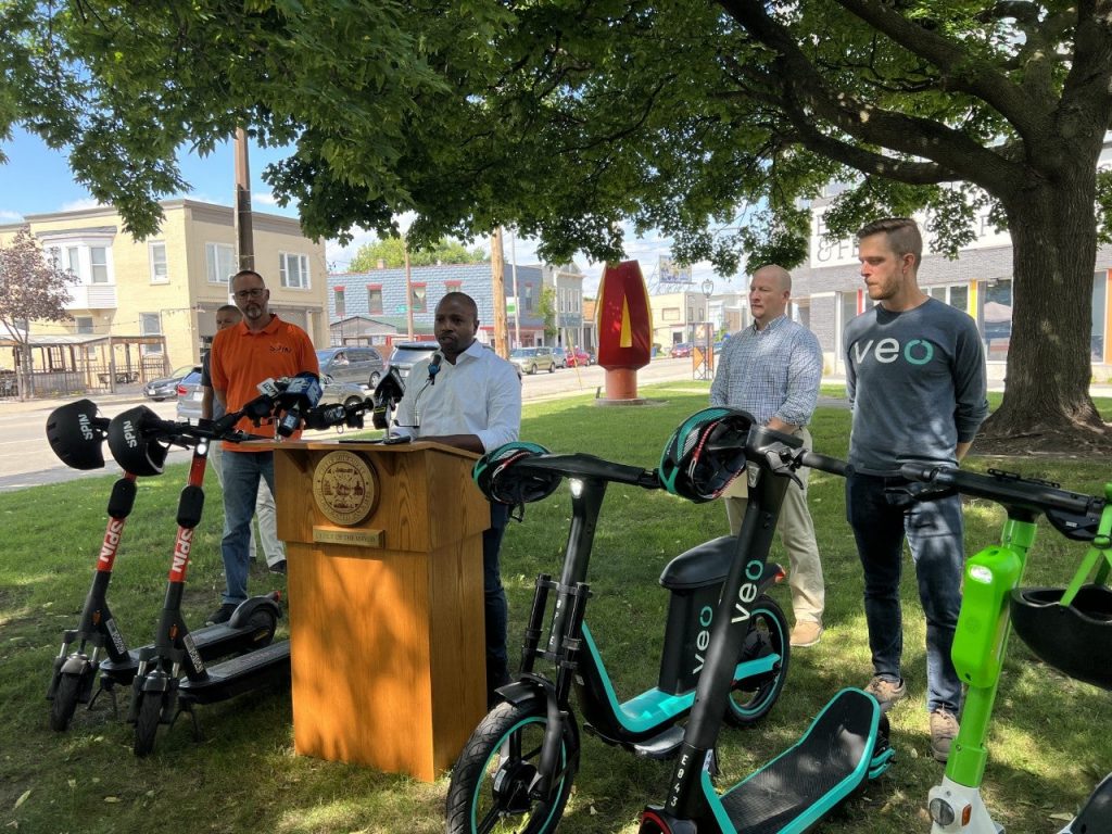 Milwaukee Mayor Cavalier Johnson announces the start of the 2022-2023 Milwaukee electric scooter pilot study on Sept. 9, 2022. Evan Casey/WPR