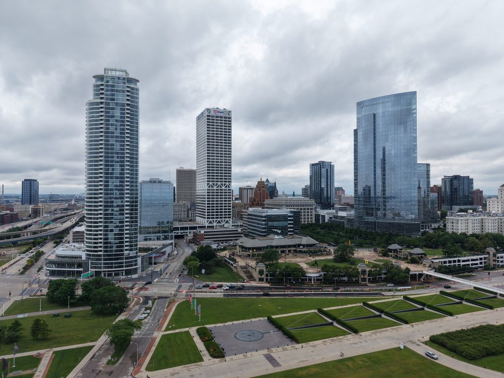Milwaukee skyline with The Couture, US Bank Center and Northwestern Mutual Tower and Commons. Photo by Urban Milwaukee staff.