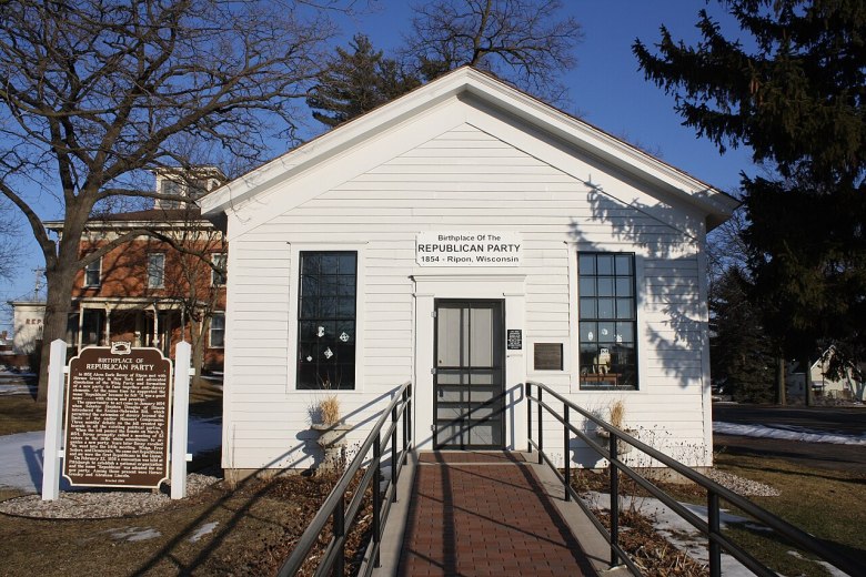 The Little White Schoolhouse in Ripon, Wis., is shown on Feb. 19, 2011. The schoolhouse is regarded by many as the birthplace of the Republican Party, although Jackson, Mich., claims that the party started at a meeting under a cluster of oak trees there. (Royalbroil via Wikimedia Commons)