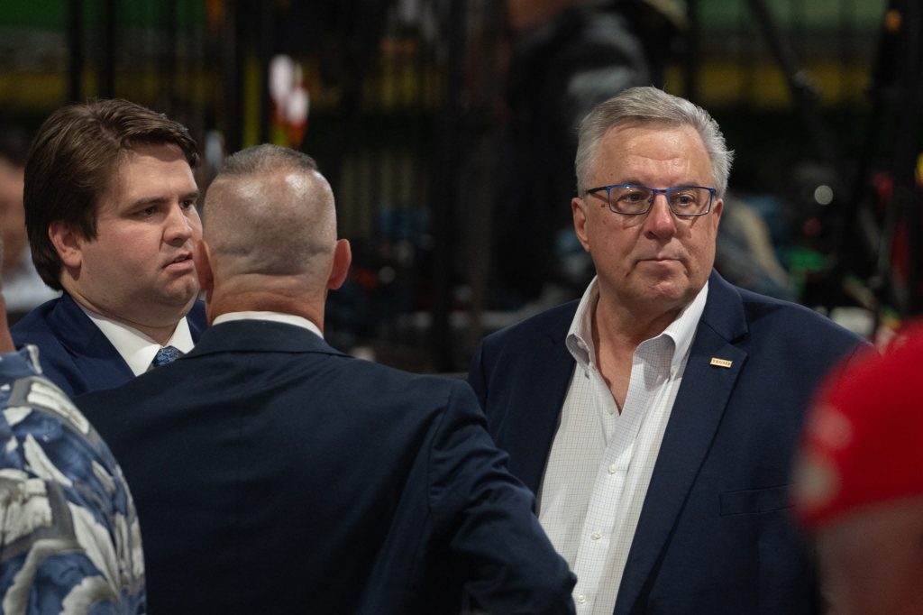 Republican Party of Wisconsin Chair Brian Schimming attends a visit from President Donald Trump at Custer Farms in Chippewa Falls, Wis. on June 5, 2026. Angela Major/WPR