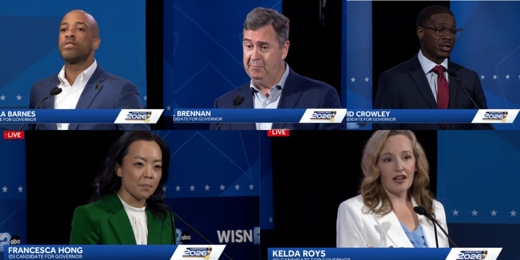 Democratic candidates for governor largely avoided direct attacks on one another during their only televised primary debate Tuesday night. (Screenshots via WISN-12)
