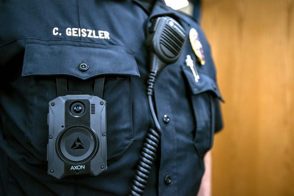 A Wauwatosa police officer wears a body camera while working Tuesday, April 20, 2021. Angela Major/WPR