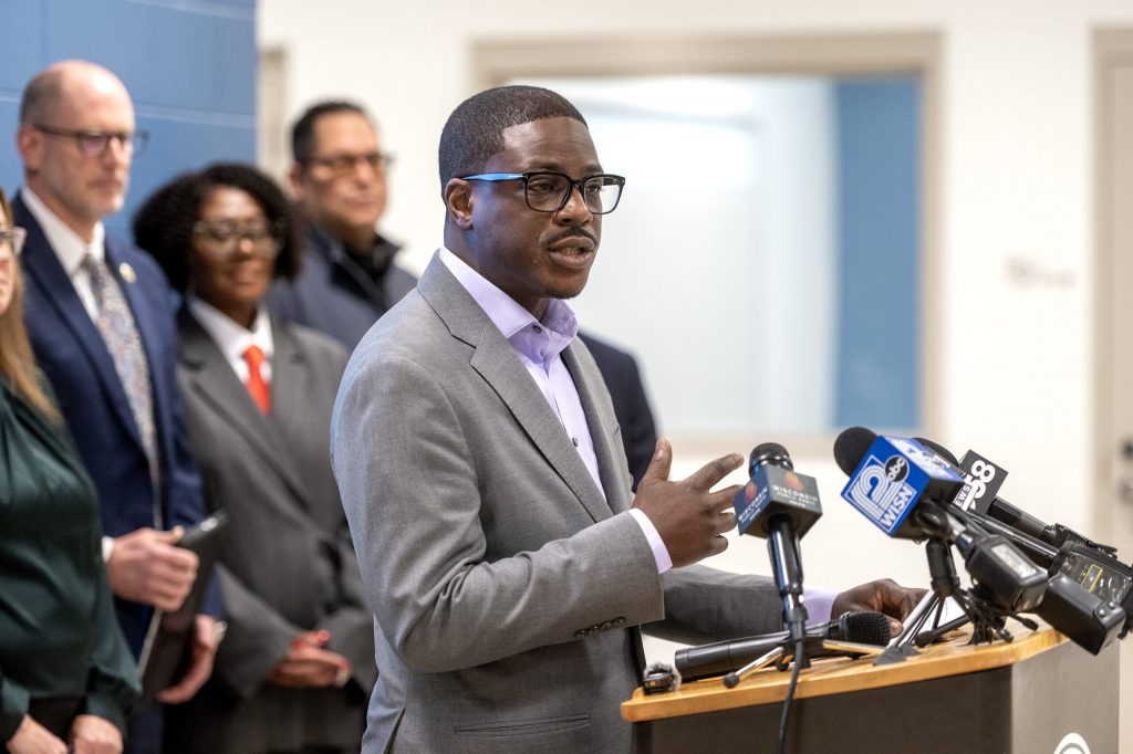 Milwaukee County Executive David Crowley speaks about the Milwaukee County Center for Youth at a press conference Thursday, March 5, 2026, in Milwaukee, Wis. Angela Major/WPR