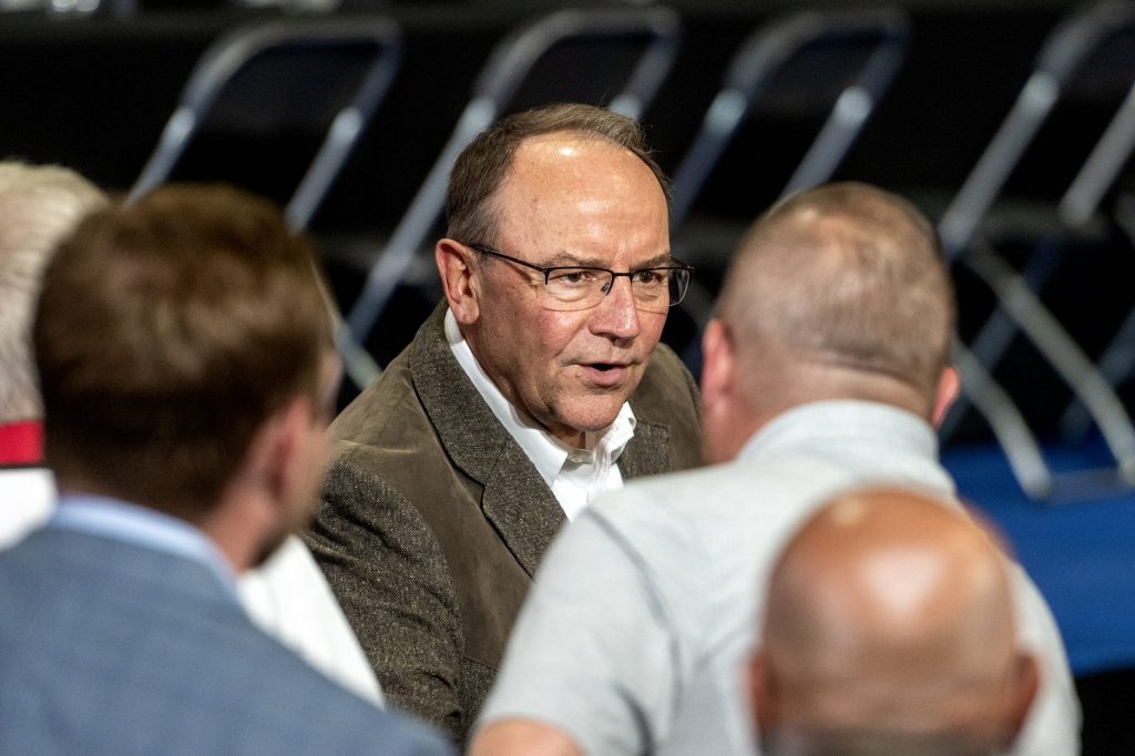 Rep. Tom Tiffany speaks to attendees at a roundtable hosted by President Donald Trump on Friday, June 5, 2026, in Chippewa Falls, Wis. Angela Major/WPR