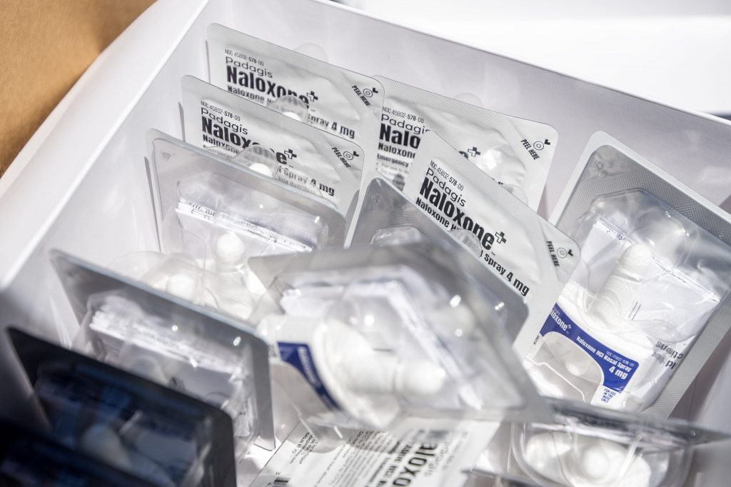 Packages of Naloxone are packed up and ready to be distributed Friday, June 12, 2026, in Milwaukee, Wis. Angela Major/WPR