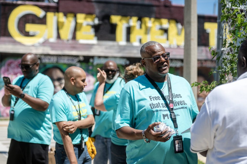 People with Milwaukee County Adult Protective Services speak to Milwaukee residents about harm reduction Friday, June 12, 2026, in Milwaukee, Wis. Angela Major/WPR