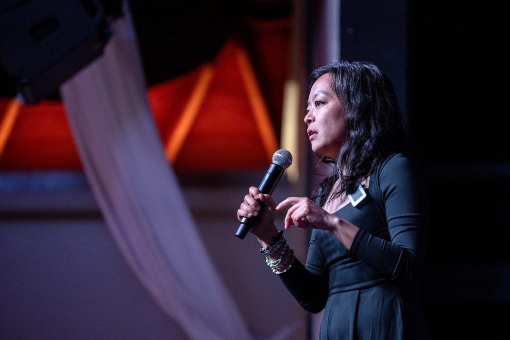 Madison Rep. Francesca Hong speaks to her supporters as she hosts a rally for her gubernatorial campaign Sunday, June 14, 2026, in Madison, Wis. Angela Major/WPR