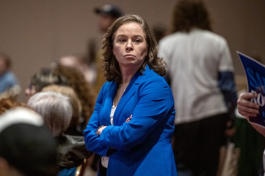 Lt. Gov. Sara Rodriguez stands at the back of the WisDems Convention before beginning her speech as candidate for governor Sunday, June 14, 2026, at the Monona Terrace Community and Convention Center in Madison, Wis. Angela Major/WPR