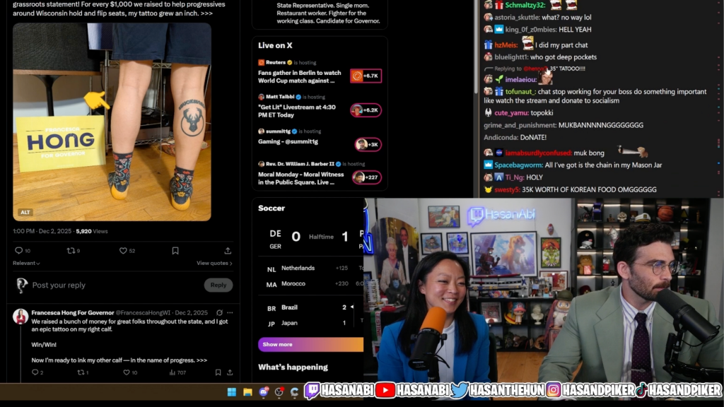 Francesca Hong, a leading candidate for governor of Wisconsin, appears on a livestream with Hasan Piker on Monday, June 29. Screenshot via YouTube