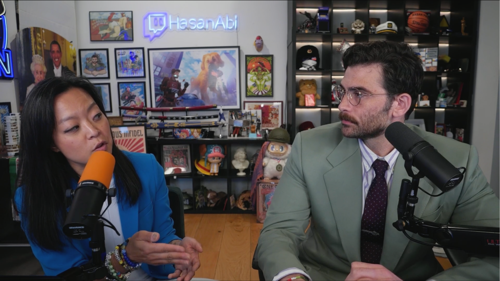 Francesca Hong, a leading candidate for governor of Wisconsin, appears on a livestream with Hasan Piker on Monday, June 29. Screenshot via YouTube