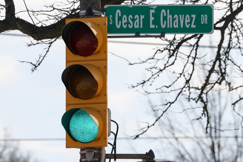 A sign for South César E. Chávez Drive in Milwaukee. Chavez Drive was renamed South 16th Street in April. (Photo by Jonathan Aguilar / Milwaukee Neighborhood News Service / CatchLight Local)