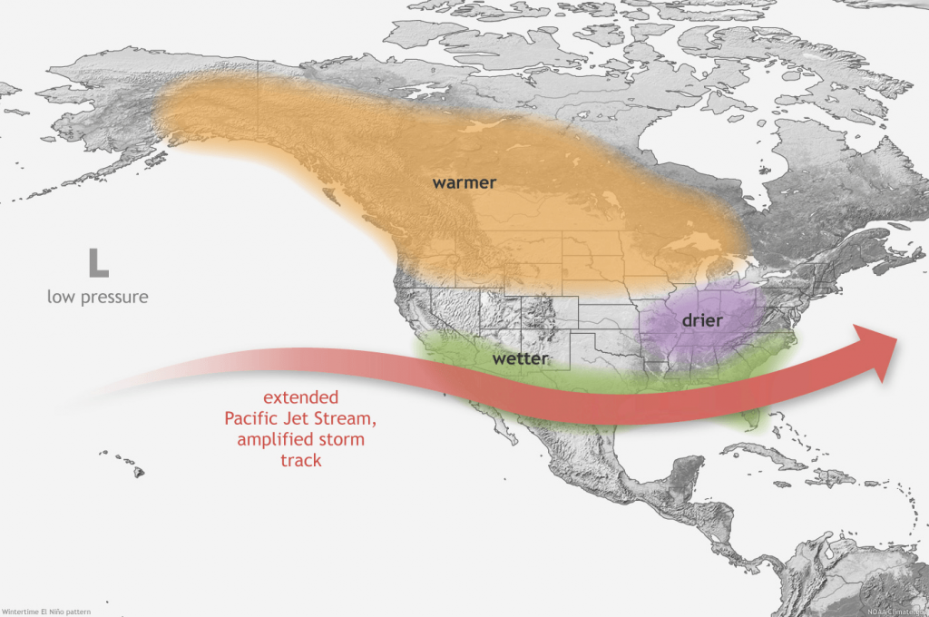 A map of the U.S., Canada, and Central and part of South America showing the affects of El Nino during winter in the Northern Hemisphere. Image credit National Oceanic and Atmospheric Administration