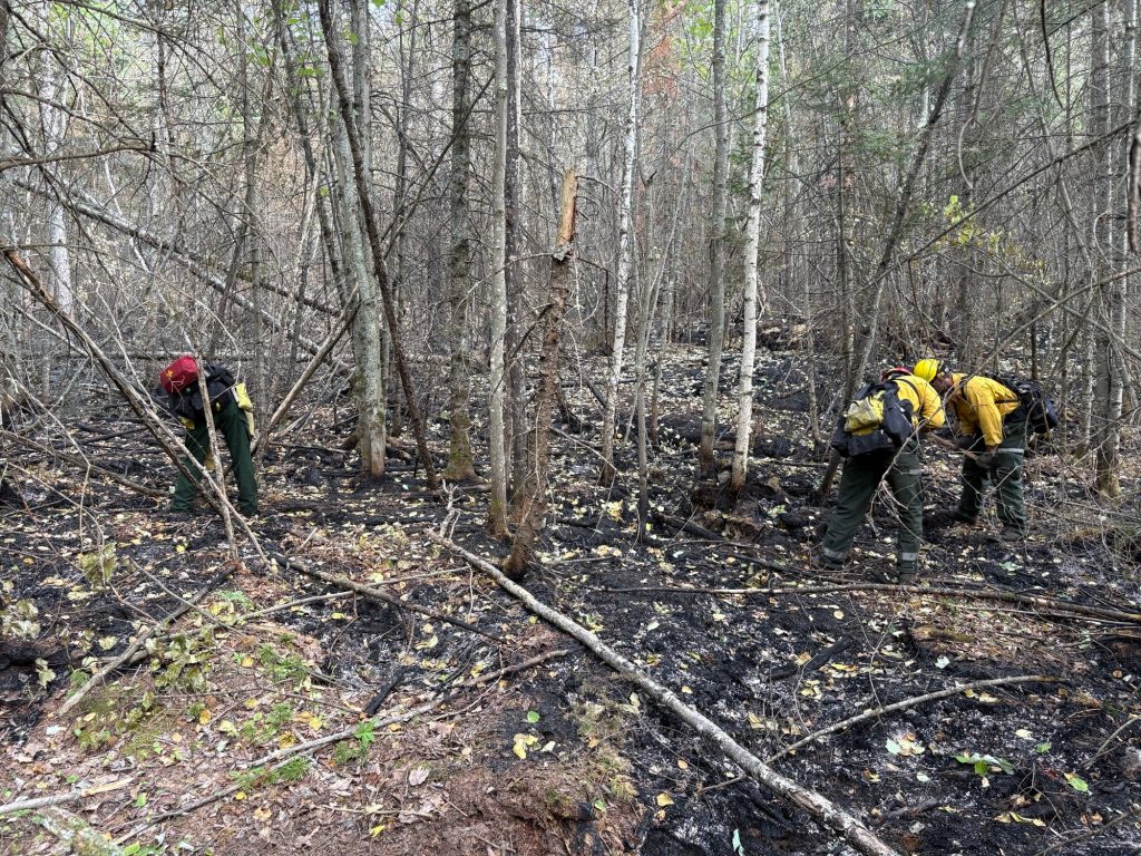 A crew of Wisconsin DNR firefighters checks for heat along the edge of the Chub Fire in northern Minnesota. Photo courtesy of the Wisconsin DNR