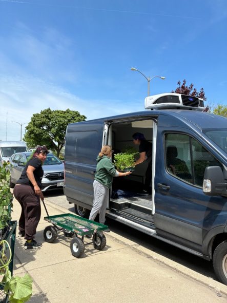 Sofia DelRefugio, community organizer with Muskego Way Forward, right, and volunteers Renee and Marta load plants on May 22 ahead of Muskego Way Forward’s Bloom and Groom plant sale. (Photo courtesy of Paola Rodriguez)