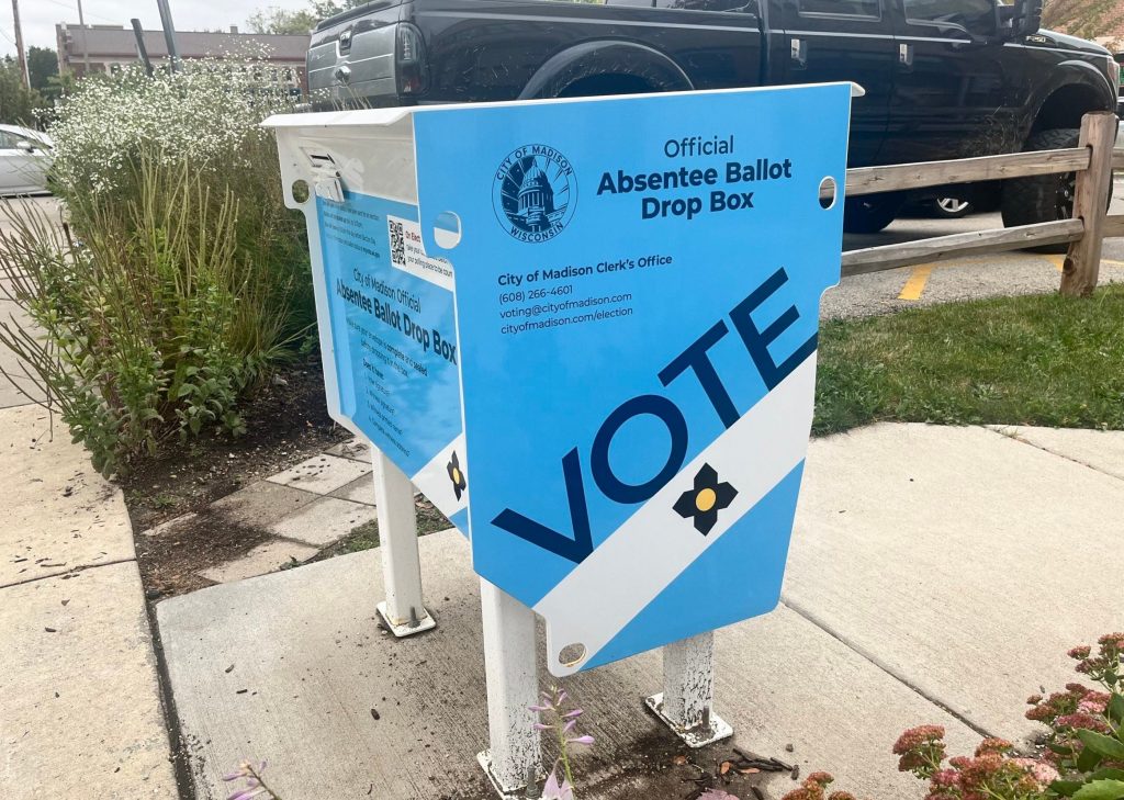 An absentee ballot drop box is seen on the east side of Madison on Sept. 22, 2024. Alyssa Allemand/WPR