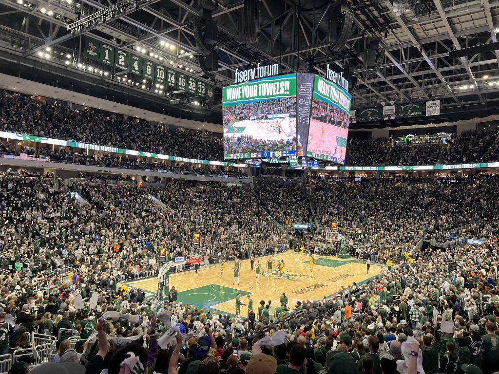 A Milwaukee Bucks playoff game at Fiserv Forum in April 2025. Photo by Jeramey Jannene.