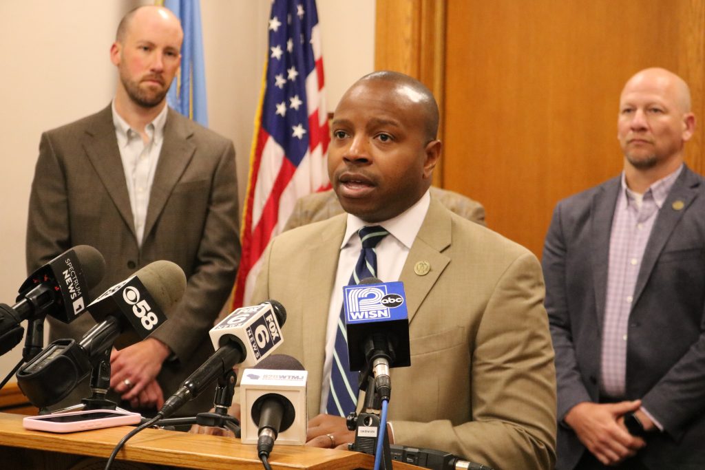 Mayor Cavalier Johnson during a press conference on 794. Photo taken July 8, 2026 by Sophie Bolich.