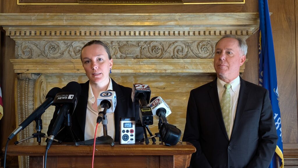 From left, Assembly Minority Leader Greta Neubauer and Assembly Speaker Robin Vos speak at a joint press conference in January announcing an agreement to fund WisconsinEye. That bill died after passing the Assembly, but this week a committee of leaders from both parties approved funding the livestream service through the end of this year. (Photo by Baylor Spears/Wisconsin Examiner)