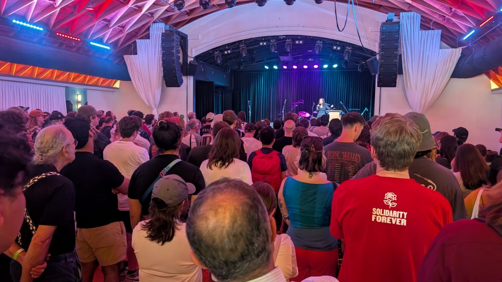 “I got asked over and over again about, ‘We love your campaign. We love what you stand for. Your policies are amazing. It’s so thorough, but can you win?’” Hong said to shouts of “Yes!” from the crowd, “I wouldn’t be running if I didn’t think we could win.” (Photo by Baylor Spears/Wisconsin Examiner)