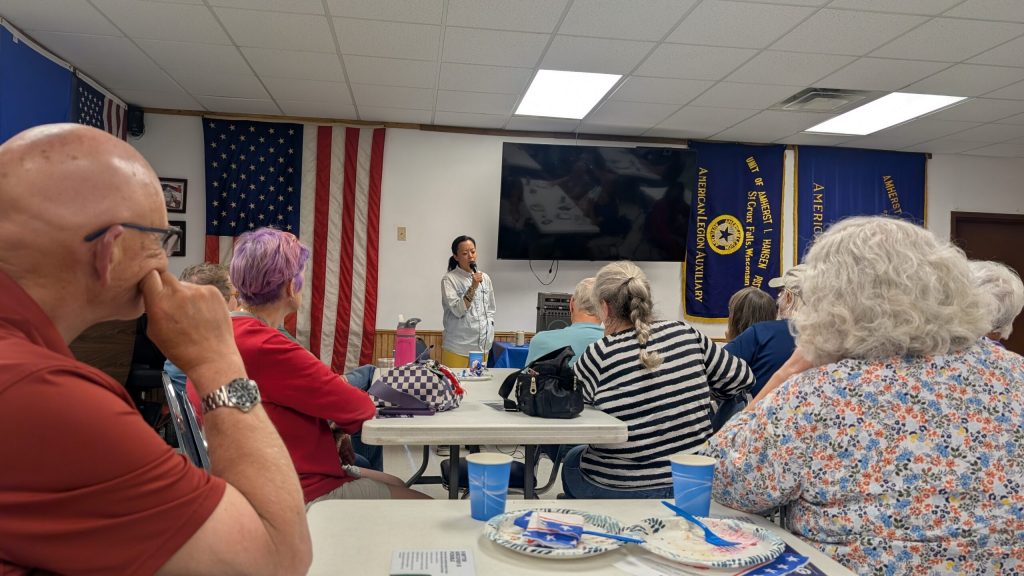 “We can do this, especially when we have a trifecta. We’ve got an opportunity this year to make sure that we flip the Legislature,” Hong said at a meeting of the Polk County Democratic Party. (Photo by Baylor Spears/Wisconsin Examiner)