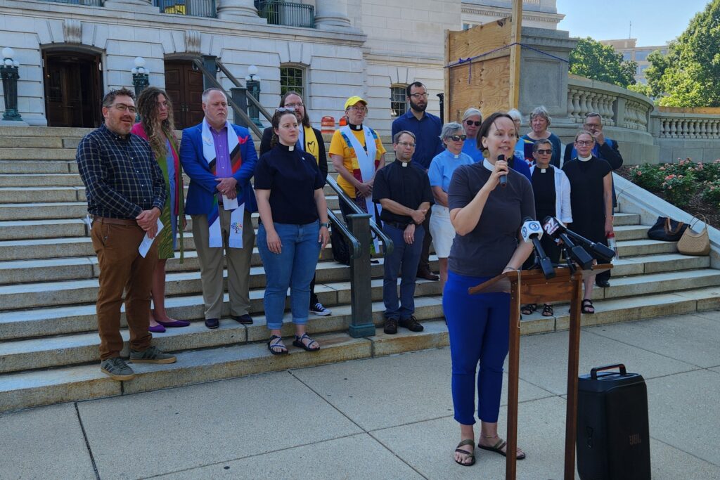 Rev. Breanna Illéné speaks Tuesday at a press conference by a group of clergy from several faith groups in support of voting rights. (Photo by Erik Gunn/Wisconsin Examiner)