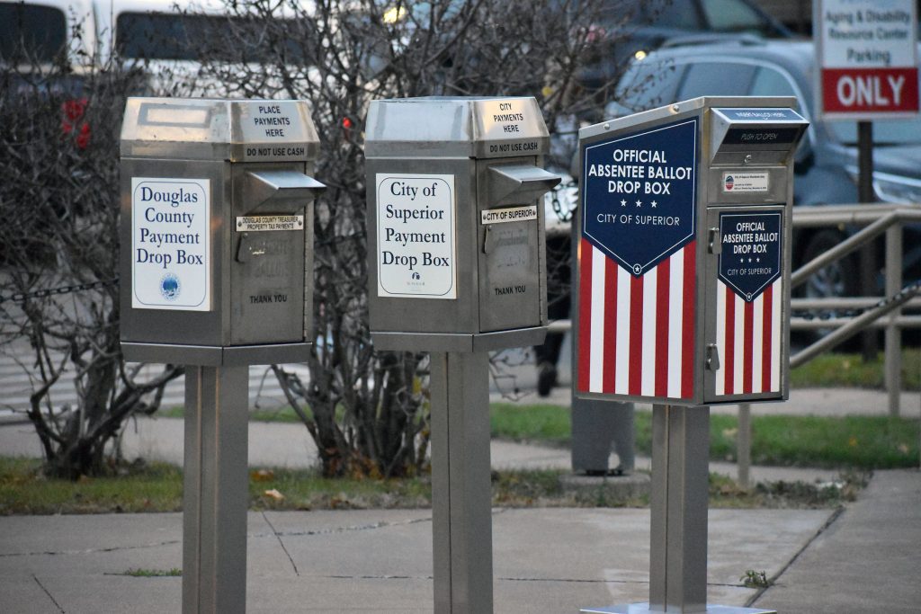 An absentee ballot drop box sits outside the government center in Superior on Nov. 5, 2024. Danielle Kaeding/WPR