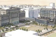 Conceptual rendering of new courthouse and historic courthouse with new entrance on MacArthur Square.