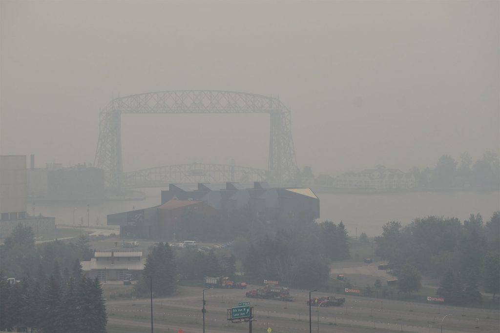 Smoke from wildfires in Canada and Minnesota have already pushed soot pollution past hazardous levels in the Duluth-Superior area Wednesday, July 15, 2026. Danielle Kaeding/WPR