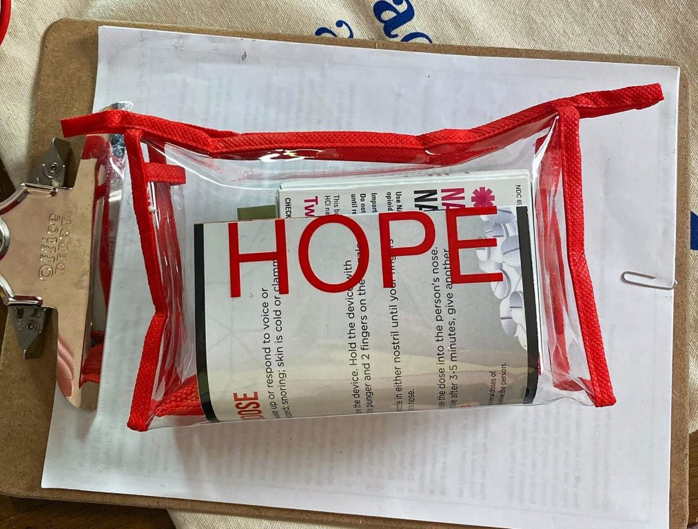 A “Hope Kit” is shown that includes naloxone, CPR face shields, fentanyl testing strips and contact information for groups who seek to reduce drug overdoses in Milwaukee. The kits were developed by the Milwaukee Overdose Response Initiative to decrease the chances of drug overdoses. Photo courtesy of MKE Overdose Prevention
