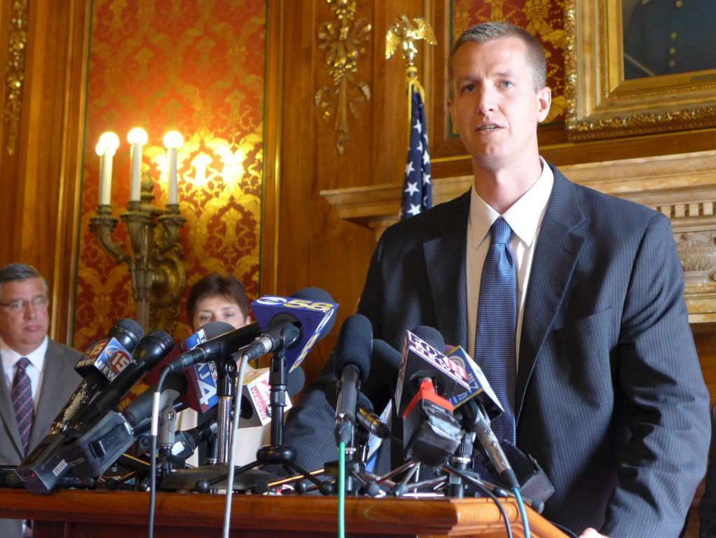 Metro Milwaukee Association of Commerce President Dale Kooyenga speaks at a press conference in Madison during his time in state government. Shawn Johnson/WPR