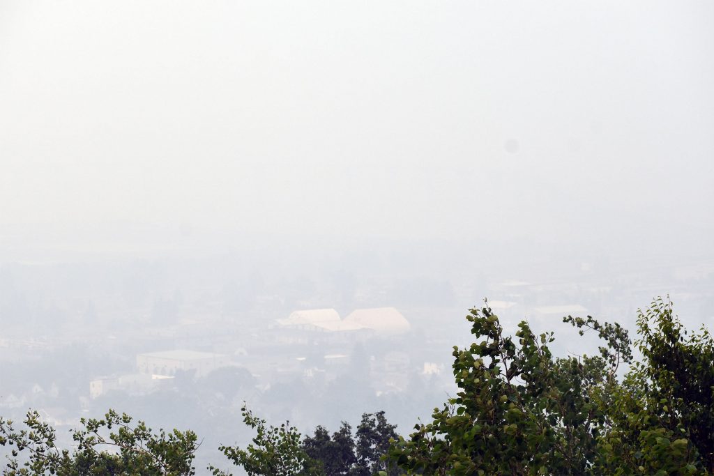 The same view of the Bong Bridge, which is completely obscured by smoke, as of 8 a.m. on Wednesday, July 15, 2026. Danielle Kaeding/WPR