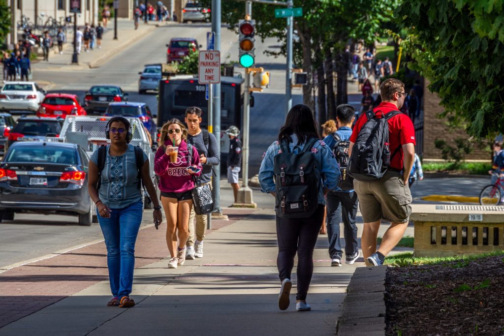 Students walking along Johnson Street on the University of Wisconsin-Madison campus. Bill Martens/WPR