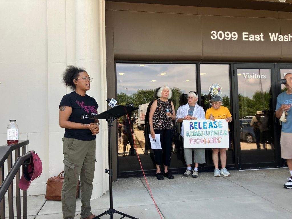 Yolanda Perkins, the executive director of Free Movement, speaks outside of the Wisconsin Department of Corrections headquarters on Wednesday, July 15, 2026. Sarah Lehr/WPR