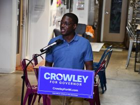 Milwaukee County Executive David Crowley speaks after becoming the Democratic nominee for governor. Photo by Jeramey Jannene.